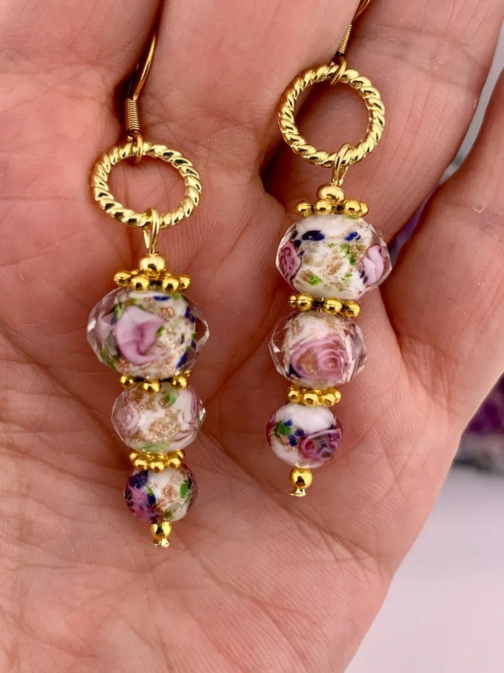 Rose Flower Facet Cut Glass Lampwork Bead Elegant Handcrafted Earrings LR217